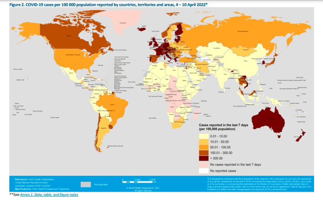 最近一周來全球6大區域新冠疫情每10萬人感染人數比較圖。（圖／WHO）