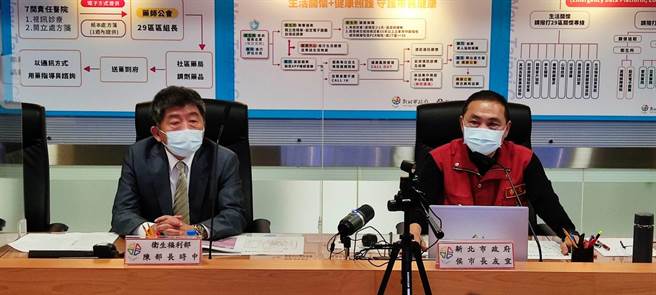 新北市长侯友宜（右）与卫福部长陈时中出席新北居家照护计画全面启动记者会。（陈慰慈摄）