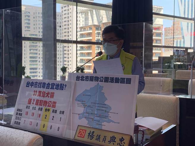 市议员杨典忠抨击，台北、桃园都有16座宠物公园或专区，台中市仅2座，呼吁市府应重视动物福利。(林欣仪摄)
