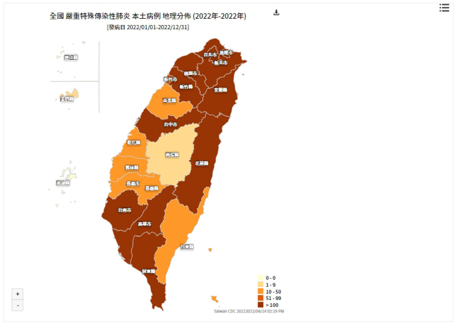 確診地圖又變色！今(14)日有2縣市再深一階，6都已全淪為破百的深咖啡色。(圖/疾管署官網)