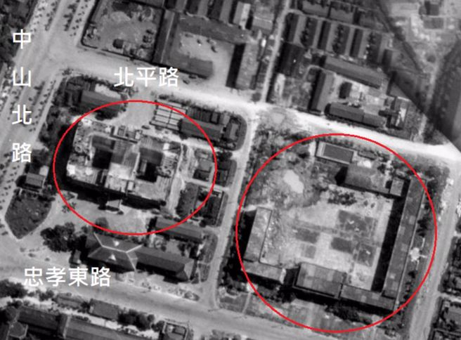 愛隆生就在長官公署旁東（右）邊的馬路旁，將販售第一袋金幣所得的貨款交給艾文思。如愛隆生所言，右（東）邊這樓的部分建築（今內政部警政署），於轟炸中被夷平。（圖／ 美軍檔案，作者炳文提供）