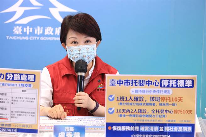 台中市长卢秀燕召开中市疫情指挥中心记者会，公布14日台中市新増25例本土确诊个案。 （冯惠宜摄）