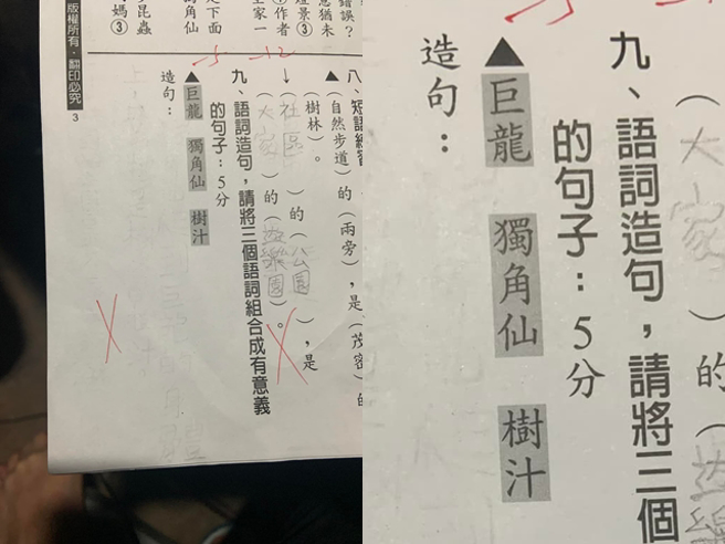 1名网友分享1道国小国文词语造句题目，题目是将「巨龙」、「独角仙」、「树汁」组合成句子，老司机们纷纷发挥创意写下答案。（翻摄自脸书「爆废公社」）