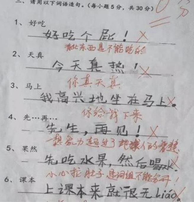 微博日前就流传一张大陆学生的造句作业，「好吃：好吃个屁」、「天真：今天真热」、「马上：我高兴地坐在马上」、「果然：先吃水果，然后喝水」笑翻眾人。（翻摄自微博）