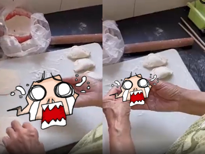 女子用2片「活动式假牙」包水饺，因为假牙弧度与凹槽都相当符合水饺，在假牙上放水饺皮后放入内馅，在用另个假牙将皮压紧，1颗水饺仅需约10秒。（翻摄自「爆料公社－爆笑公社」）