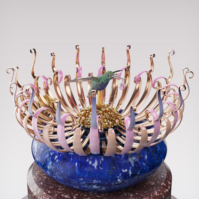 梵克雅寶Reveries de Berylline機械鐘，花朵?放時蜂鳥現身，嘴裡啣著一顆藍寶石。（ Van Cleef & Arpels提供）