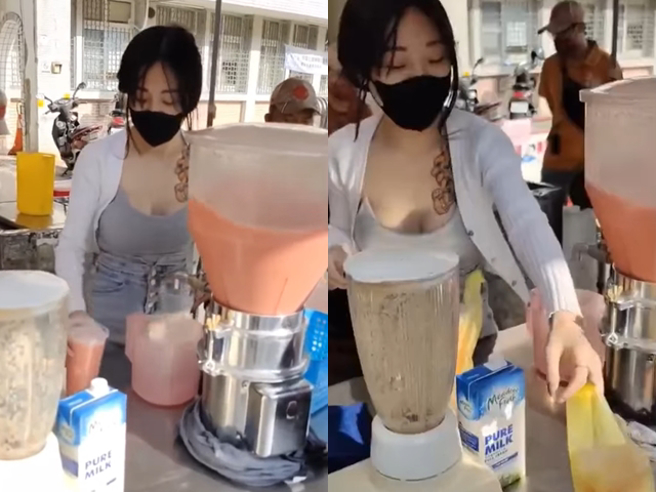 有民眾近日在中部不少市集发现1名爆乳正妹穿低胸紧身衣卖木瓜牛乳，正妹胸前还有吸睛刺青，倒果汁时展现性感乳沟，让男顾客争相拍照。（翻摄自脸书「爆废公社」）