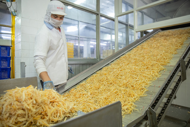 魷魚絲的粗細和大小，是一門學問，論到包裝，更需倚靠老師傅豐富的經驗。(圖片提供/新和興海洋企業(股)公司)
