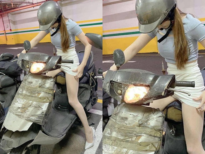 紧身衣长腿正妹骑着1辆极为破旧的机车，该机车不但用胶带黏住车壳，连车灯、后照镜都只剩单边，车身几乎没一处是完好的。（翻摄自脸书「爆废公社公开版」）