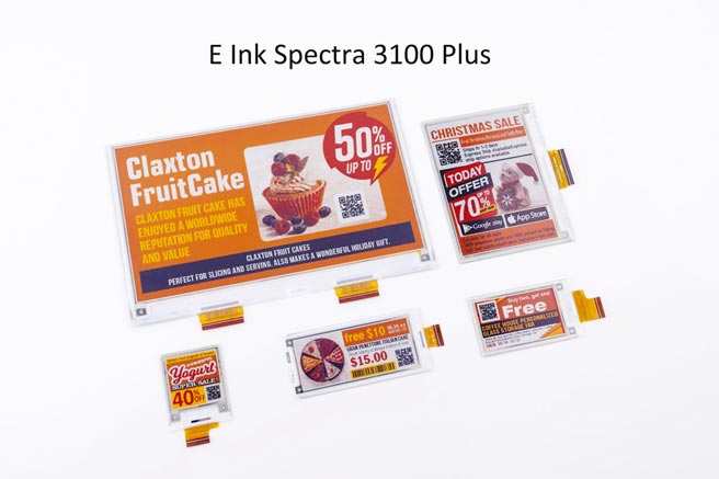 元太发表E Ink Spectra 3100 Plus五色电子纸，从既有的黑、白、红、黄四色，再增加醒目的橘色，以五种鲜明饱和色彩搭配，有助于零售业者以高彩度色彩强化行销宣传。图／元太提供