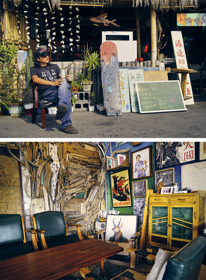 捡拾漂流木，钉一片漂流木墙、上山砍茅草和竹子自己搭寮，余嘉荣DIY打造出有个性的海边烧烤店。(摄影/Cindy Lee)