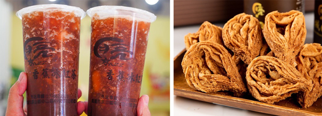 (左)月亮香蕉冰红茶(右)月亮香蕉手工蛋卷。(图片提供/月亮香蕉城)