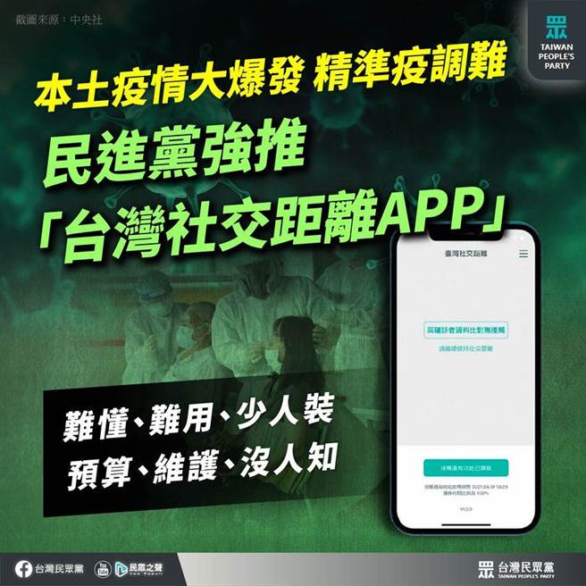 疫情指揮中心近期加強呼籲民眾下載「台灣社交距離APP」，民眾黨批評，該APP難懂、難用、少人裝。（取自民眾黨臉書）