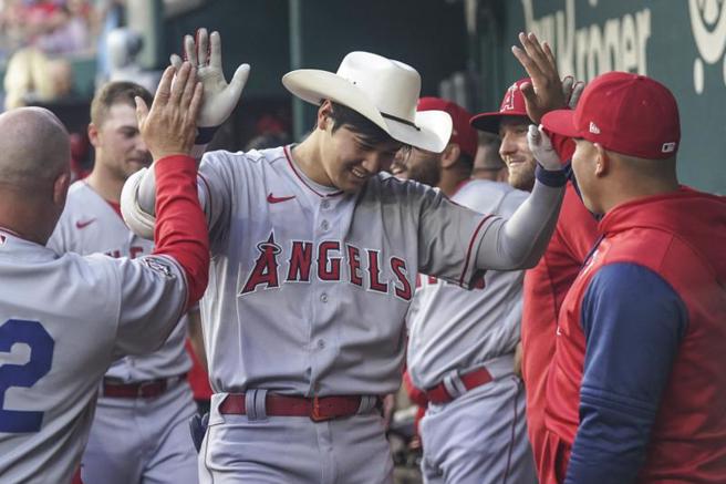 天使隊大谷翔平敲出本季首轟。（路透）