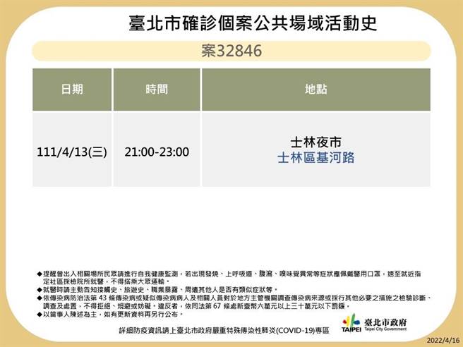 北市卫生局晚间又公布案30411、30657、30766、31127、31440、31445、31796、31801、31802、32073、32844、32846于北市公共场域足迹。（北市卫生局提供／游念育台北传真）