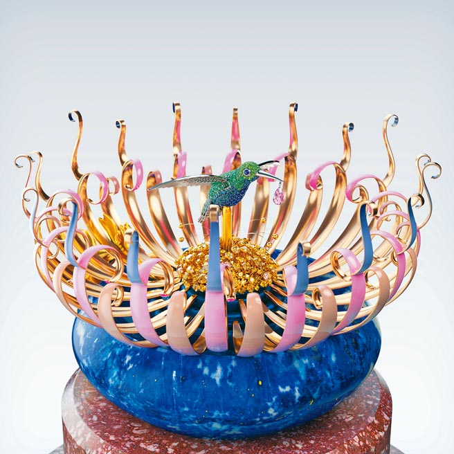 梵克雅宝Reveries de Berylline机械钟，花朵绽放时蜂鸟现身，嘴里啣着一颗蓝宝石。（Van Cleef & Arpels提供）