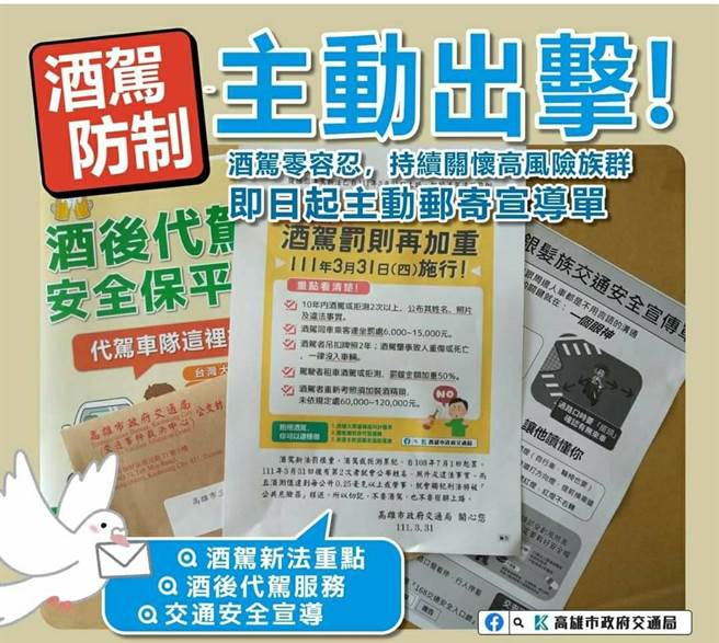 交通局邮寄通知宣导通知，以防制酒驾再犯。（高雄市交通局提供／洪靖宜高雄传真）