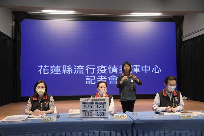 花莲今新增119例，确诊人数再度破百，县长徐榛蔚（中）说明县内疫情状况。（花莲县政府提供／罗亦晽花莲传真）