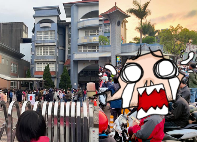 有家长带小孩回校筛检，拍下人潮挤爆桃园某国小门口外，引起网友骂爆「这个有分流吗」。（翻摄自脸书记忆八德）