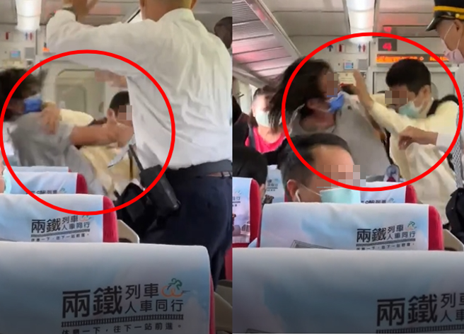 台铁自强号发生斗殴纠纷，两男从车厢头一路打到车厢尾。（翻摄自影片）