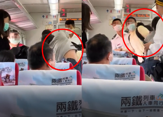 台铁自强号发生斗殴纠纷，两男从车厢头一路打到车厢尾。（翻摄自影片）