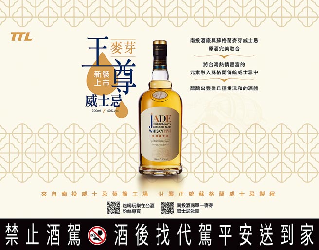 「玉尊麦芽威士忌」自即日起推出全新版本，优雅的瓶身与时尚的酒标设计，结合台湾传统韵味的花窗底纹和客家蓝，更以英文品名Jade Supremacy作为新酒标的主要设计风貌。禁止酒驾 酒后找代驾，平安送到家