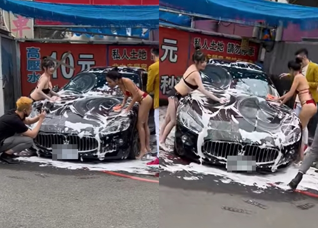 有名網友在台中街頭拍到比基尼辣妹洗車，讓他直呼「不冷嗎」。（翻攝自爆廢公社）