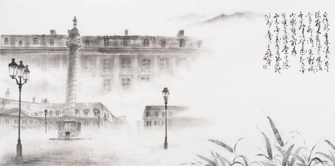 书法大师纪冠地创作水墨作品《凡登广场12号》，勾勒CHAUMET凡登广场总店置身云雾飘渺之美，已蒙CHAUMET巴黎总部收藏。（CHAUMET提供）