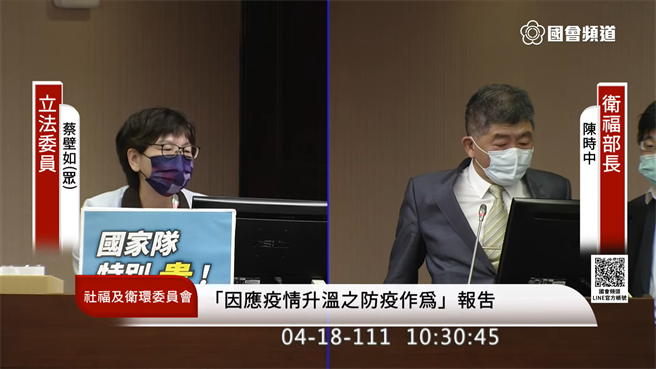 民眾黨立委蔡壁如在立院衛環委員會詢問衛福部長陳時中目前重點任務是防疫、紓困、振興還是選舉？陳時中先是乾笑兩聲，隨後表示「你們黨主席叫我不要想（選舉），我就不敢想了！」（圖取自國會頻道）