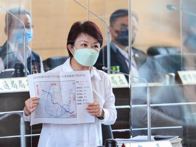 台中市長盧秀燕面對議會質詢，強調現在的捷運藍線才是原版本，之前是林佳龍變更路線。(林欣儀攝)