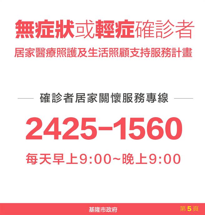 基隆市政府设置确诊者居家关怀服务专线。（基隆市政府提供／陈彩玲基隆传真）