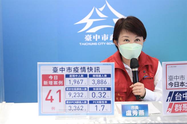 台中市長盧秀燕下午4時召開中市疫情記者會，公布新增41例新冠肺炎本土個案相關疫調。（馮惠宜攝）