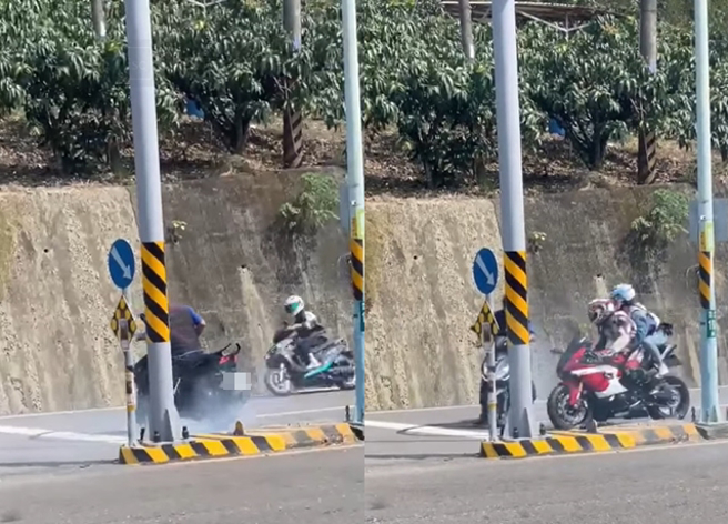 有名阿伯在台182县道内车道「转圈烧胎」，一旁还有重机不断经过差点擦撞。（翻摄自182县道/台24线追焦）