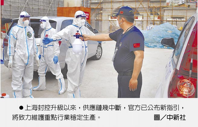 上海封控升级以来，供应链几中断，官方已公布新指引，将致力维护重点行业稳定生产。图／中新社