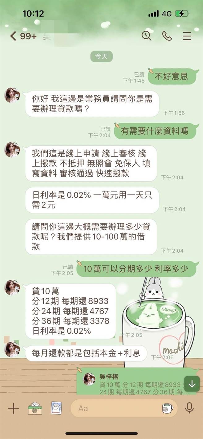 诈骗集团常透过手机简讯、脸书或LINE发送借贷或求职广告，以话术取得被害人信任（警方提供）