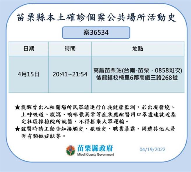 苗栗县府公布确诊者足迹。（苗栗县政府提供／李京升苗栗传真）