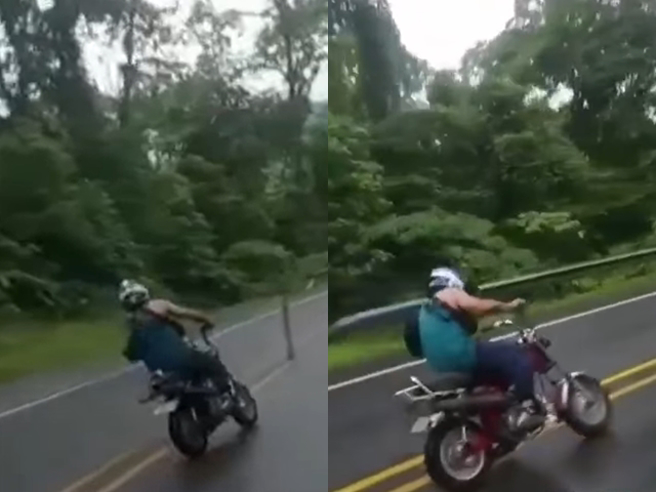 騎士在山路奔馳，不斷橫跨雙黃線、左右「閃避防撞桿」切換車道，影片最後騎士因連續搖擺車身，導致自摔跌在路中。（翻攝自臉書「爆廢公社」）