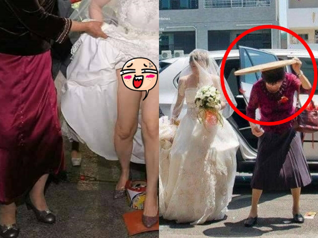 媒婆在迎娶时为新娘拉裙摆好过火炉、踩瓦片，竟将裙襬拉过高，导致新娘内裤直接曝光，另张照片原本用来为新娘遮头的米筛，媒婆竟全程为自己遮阳。（翻摄自脸书「爆废公社公开版」）