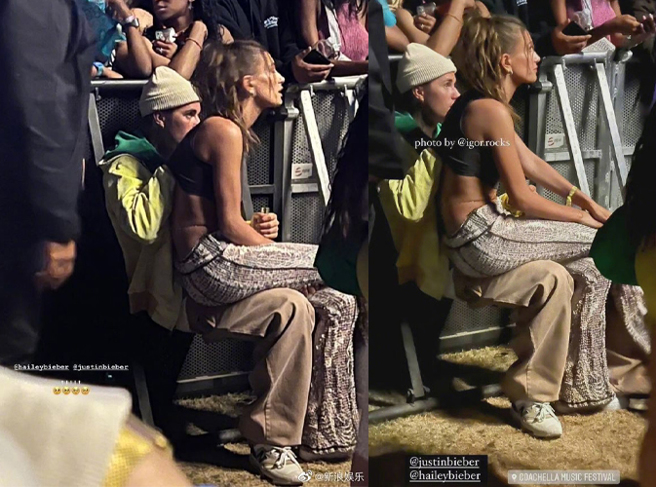 小贾斯汀让海莉坐在自己身上。（图∕微博）