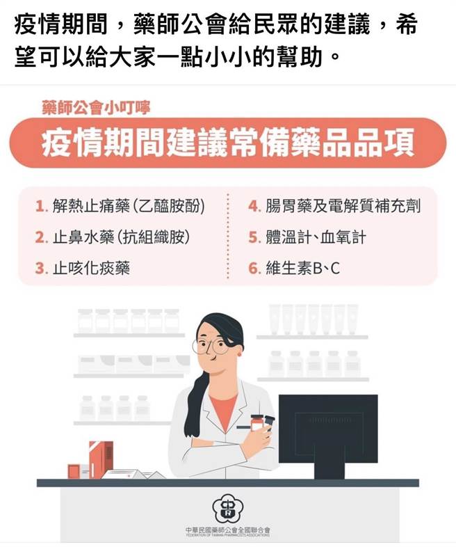 花莲县药师公会建议民眾疫情期间可常备药品的品项。（赵瑞平提供／罗亦晽花莲传真）