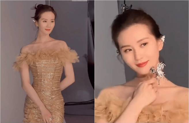 刘诗诗身穿金色贴身礼服，S身材曲线全都露。（图／取材自新浪娱乐）