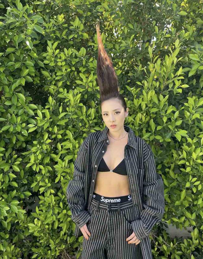Dara以ALEXANDER WANG水晶條紋超大版型鈕子襯衫，搭配同款短褲登上科切拉音樂節。（翻攝自Dara IG）