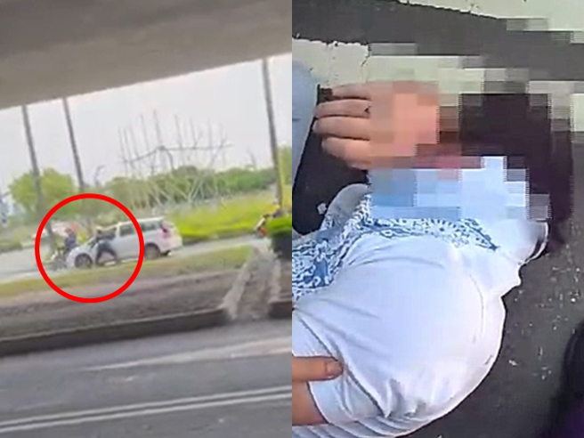 1对身上携带毒品的情侣檔开休旅车，因为一路摇晃遭到员警起疑并拦查，驾驶吓到驱车拒检逃逸，警方当时对空连开9枪，其中1枪还打中轿车水箱。（翻摄画面）