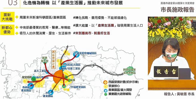 嘉義市長黃敏惠19日到議會做施政報告，提出扮演「產業生活圈」構想。（廖素慧攝）