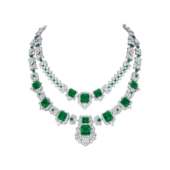 梵克雅寶Etincelles d'emeraudes可轉換式項鍊，11顆共重39.04克拉哥倫比亞祖母綠，1億9650萬元，是展場最貴的一件作品。（Van Cleef & Arpels提供）