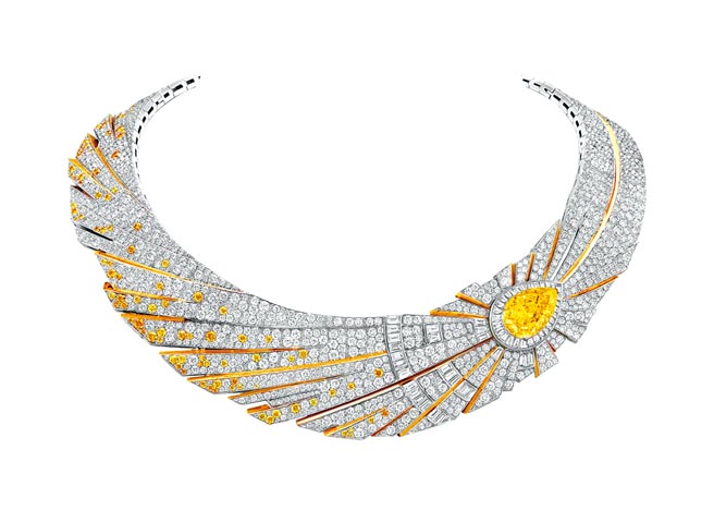 梵克雅寶Halley可拆換式黃鑽項鍊，主石為11.29克拉豔彩黃鑽，1億5350萬元。（Van Cleef & Arpels提供）