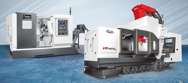 程泰集团此次台南机械展展出多款最具竞争力机型，图右为亚崴VP-2012HS龙门加工机、图左为程泰GTZ-1500Y多刀塔型车铣复合机。图／业者提供