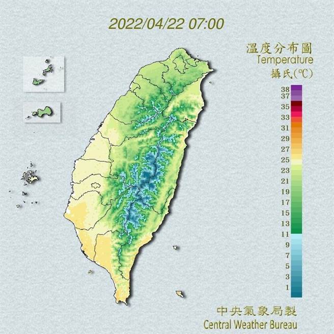 中央氣象局預報指出，今天白天之前各地大多為多雲到晴，東半部會有局部短暫陣雨，午後中南部地區及北部山區則有熱對流造成的局部短暫雷陣雨，晚上開始南來水氣增多，中南部及東半部仍有局部短暫陣雨或雷雨；偏南風環境下，白天各地溫暖偏熱，西半部高溫可以來到31至34度，東半部也有27到29度。（翻攝自中央氣象局／林良齊台北傳真）