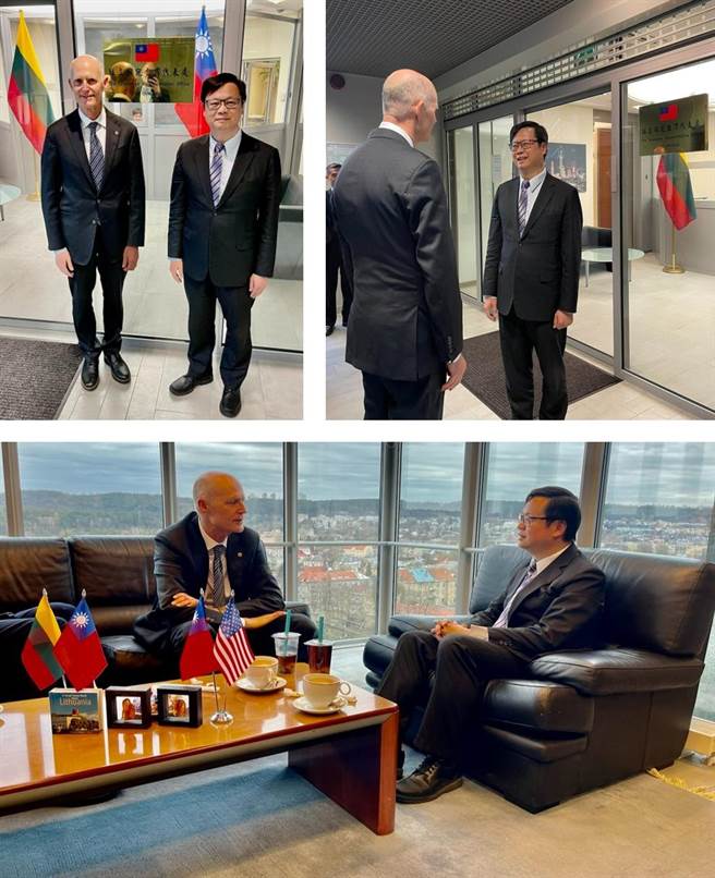 正在立陶宛訪問的美國共和黨籍參議員史考特（Rick Scott）21日下午前往駐立陶宛台灣代表處，拜會我駐立代表黃鈞耀。（取自駐立陶宛台灣代表處臉書）