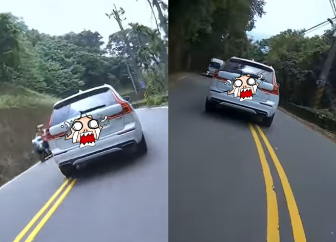 有名男子拍下有輛「瑞典坦克」在山路間瘋狂的「截彎取直」行駛，讓他怒批「不會開車就別出來害人」。（翻攝自臉書爆料公社二社）